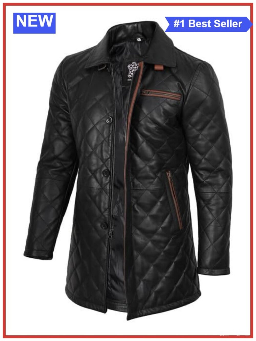 Mens Real Lambskin Leather Car Coat Quilted Panels Button Closure